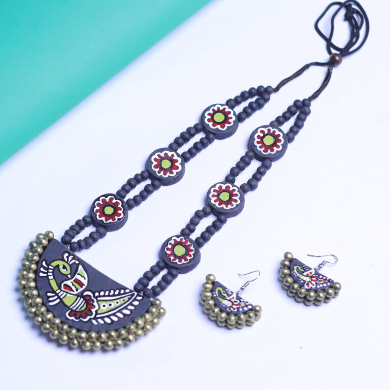 Terracotta Har Set Half Round, Terracotta Jewellery with Moti, Clay Necklace Set, Handmade Terracotta Necklace, Terracotta Pendant Set, Half Round Terracotta Har with Earrings